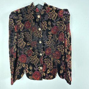 Vintage Another Thyme Womens Floral Velvet Blazer Large Botanical Puff Sleeve